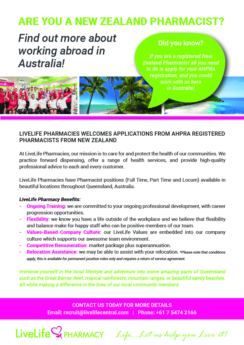 LiveLife Welcomes Applications from New Zealand Pharmacists