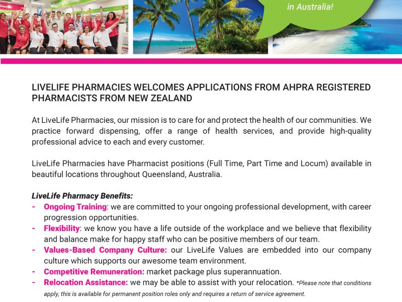 LiveLife Welcomes Applications from New Zealand Pharmacists